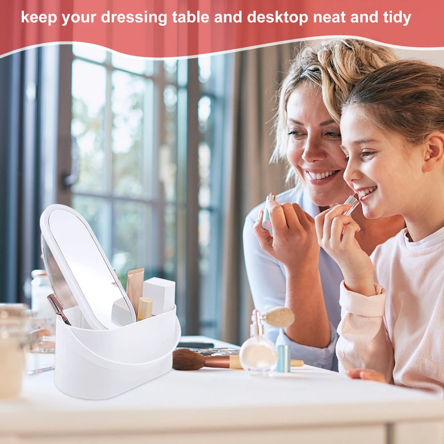 Portable Makeup Organizer Box with LED Light Mirror Travel Makeup Cosmetics Organizer Touch Light Storage Makeup Case for Girls