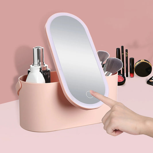Portable Makeup Organizer Box with LED Light Mirror Travel Makeup Cosmetics Organizer Touch Light Storage Makeup Case for Girls