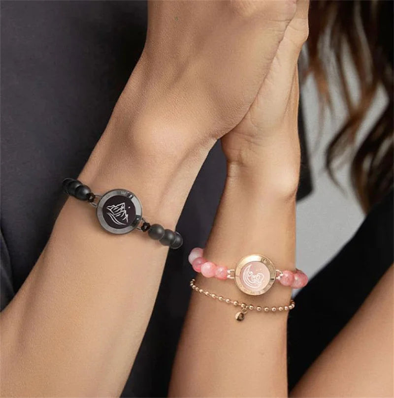 TOTWOO Long Distance Touch Bracelets| Mountain&Sea Touch Bracelets with Beaded Black Agate and Pink Persian Jade |Long Distance